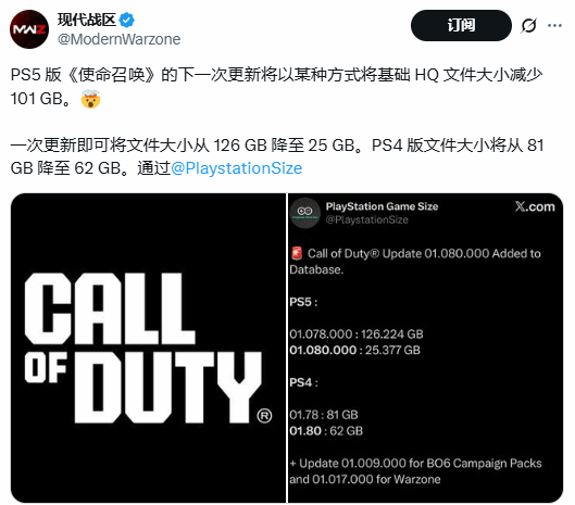 《使命召唤》史诗级更新来袭！游戏版本将缩减至25GB！